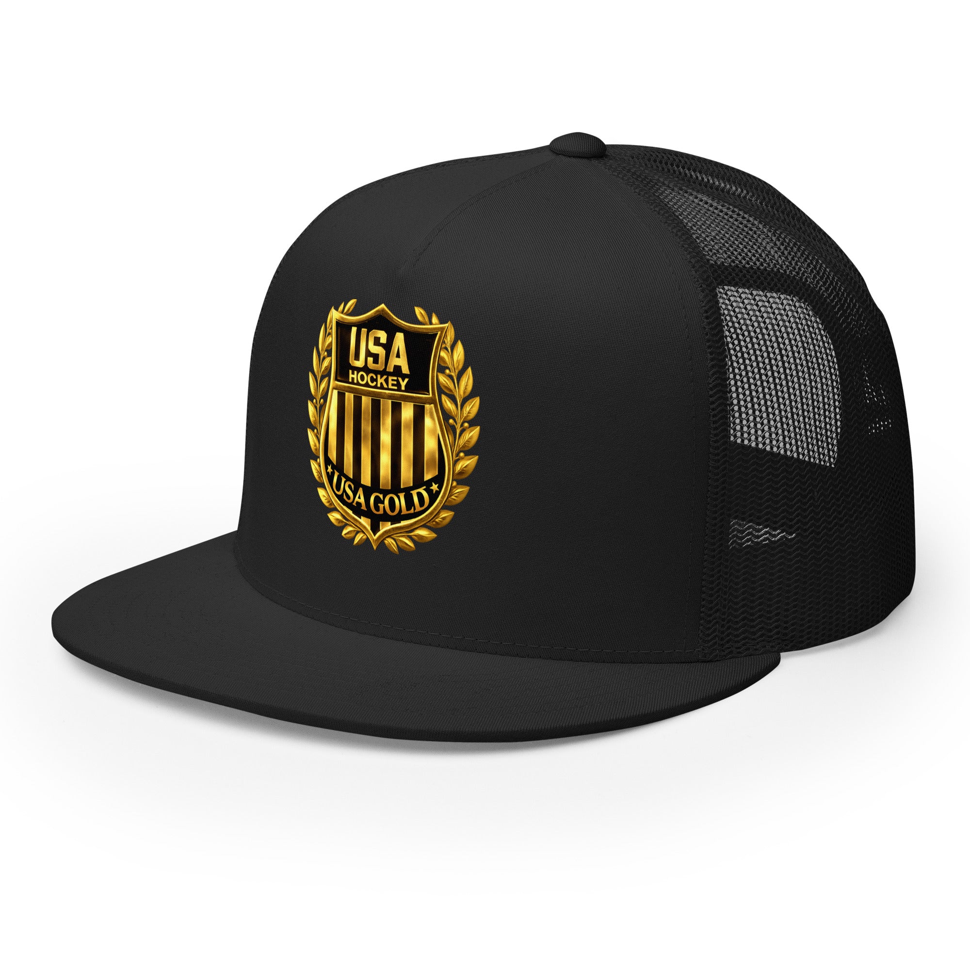USA GOLDx2 trucker cap in Black front view