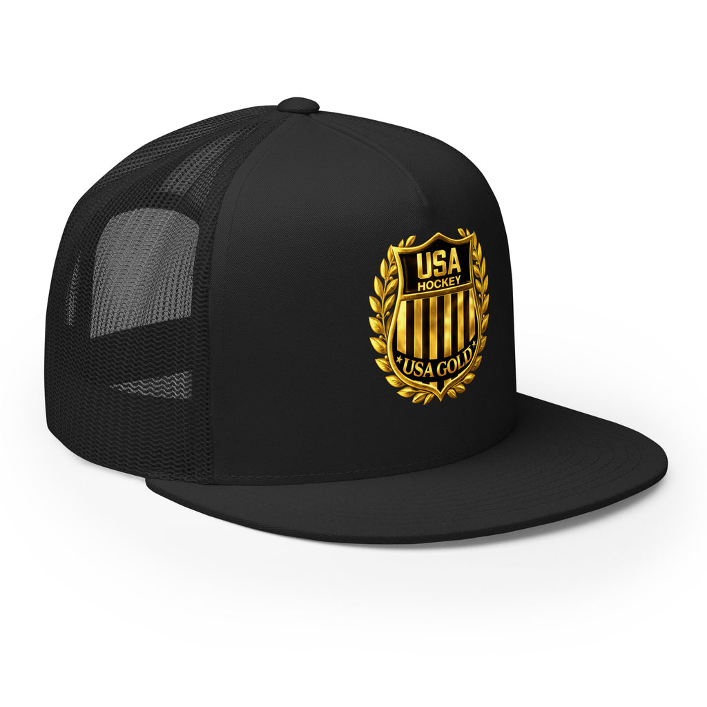 USA GOLDx2 trucker cap in Black front view