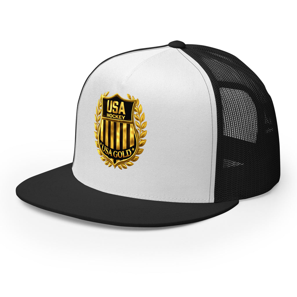 USA GOLDx2 trucker cap in Black/White front view