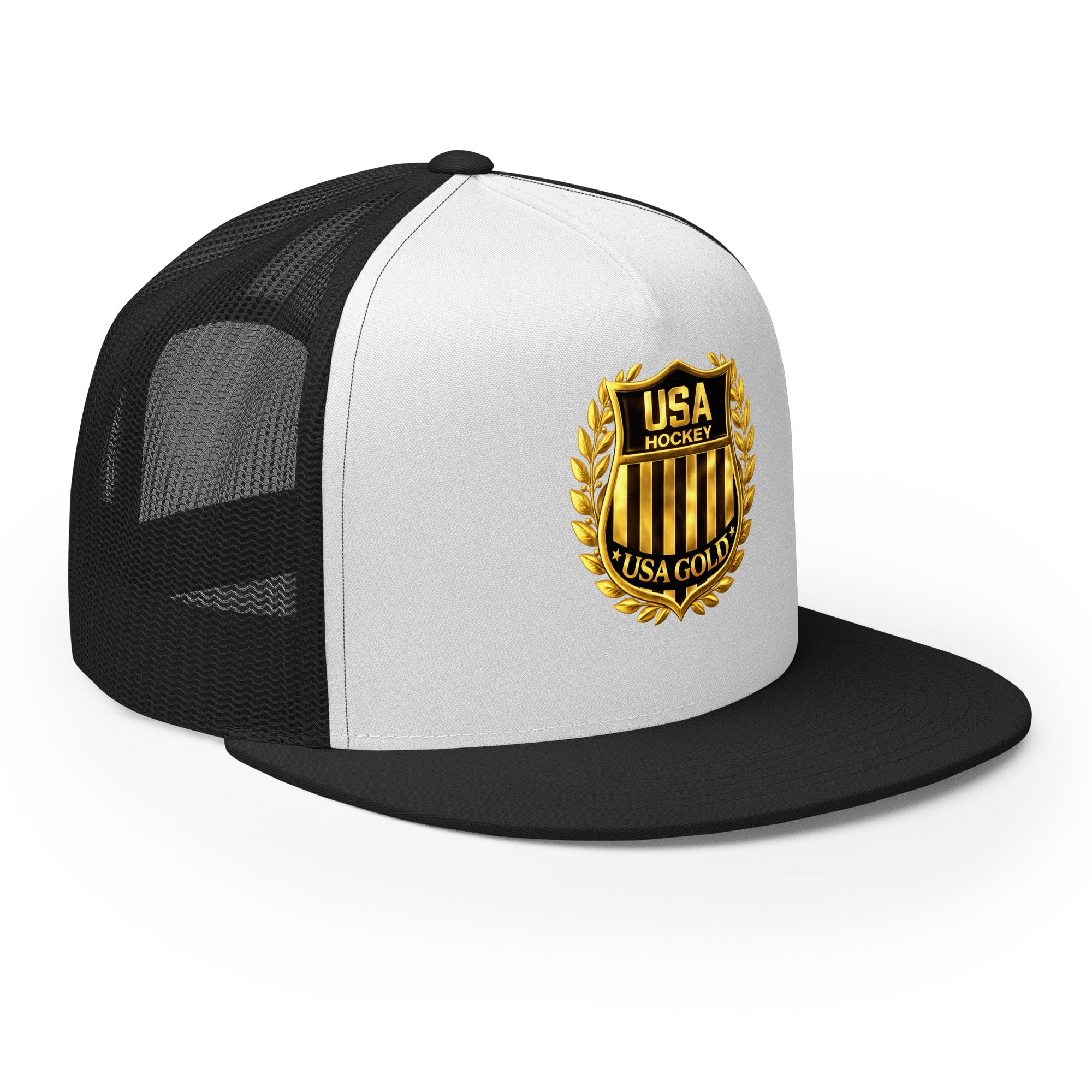 USA GOLDx2 trucker cap in Black/White front view