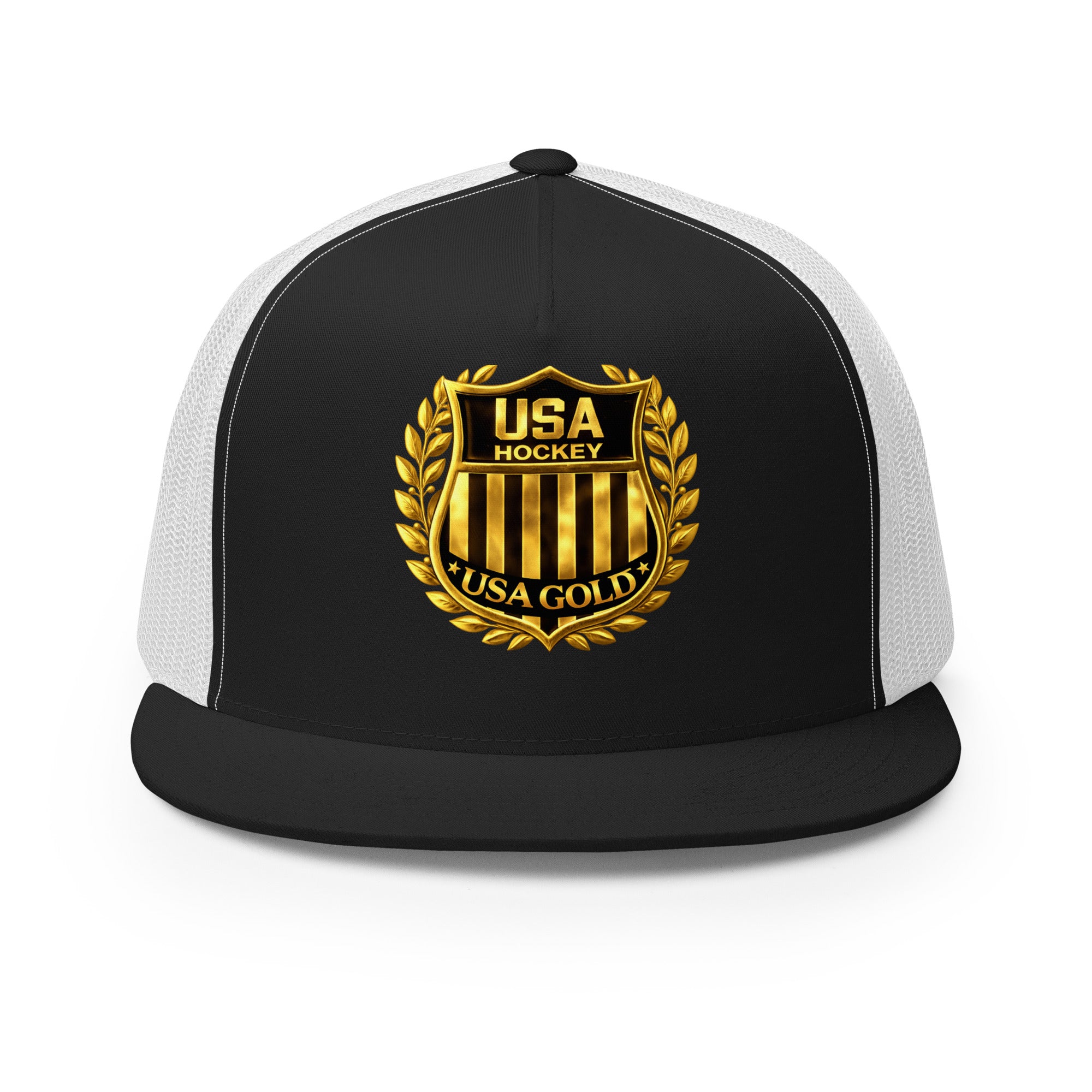 USA GOLDx2 trucker cap in Black/White front view