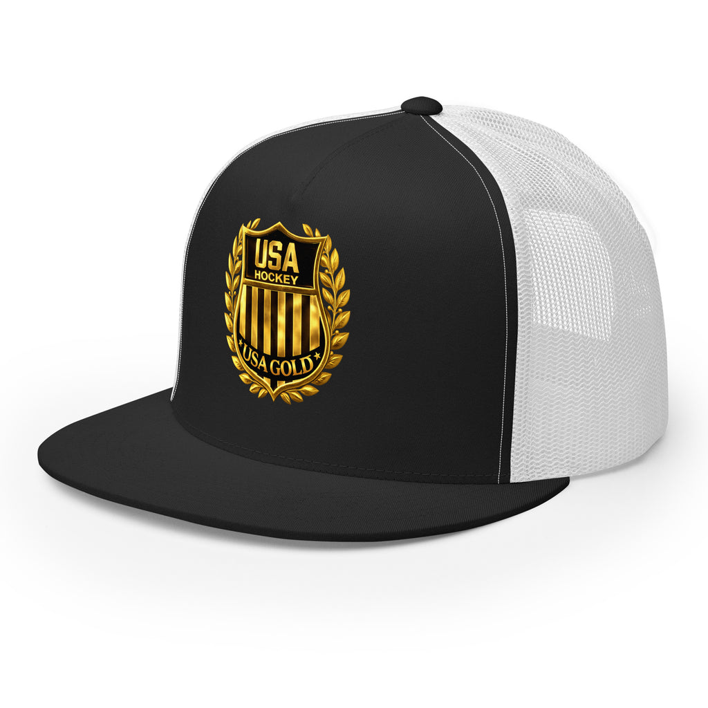 USA GOLDx2 trucker cap in Black/White front view