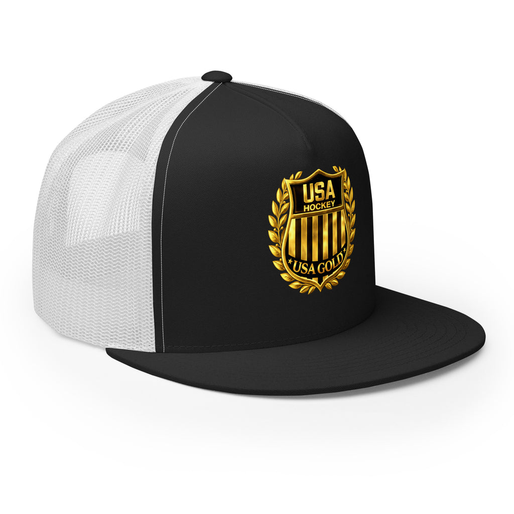 USA GOLDx2 trucker cap in Black/White front view