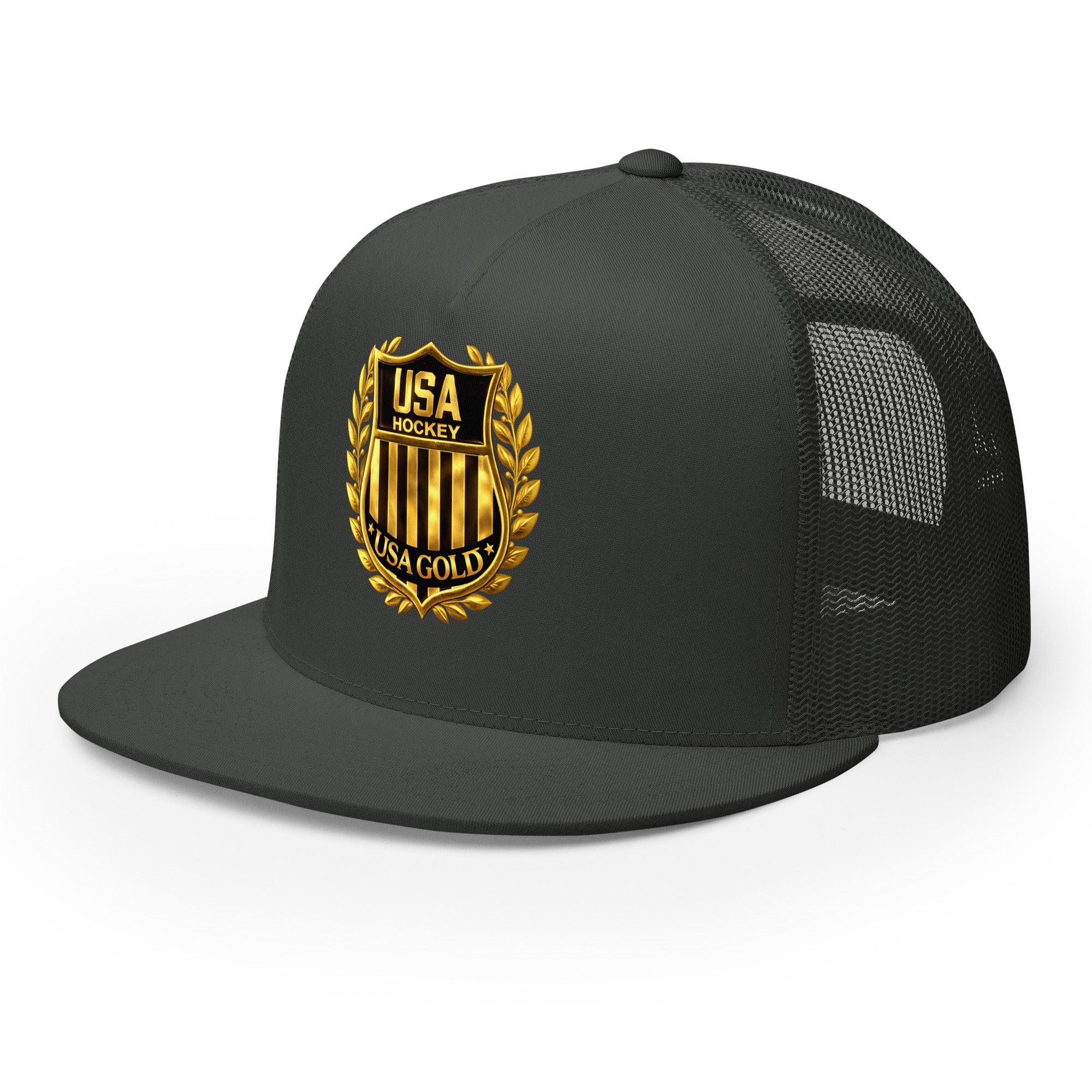 USA GOLDx2 trucker cap in Charcoal front view