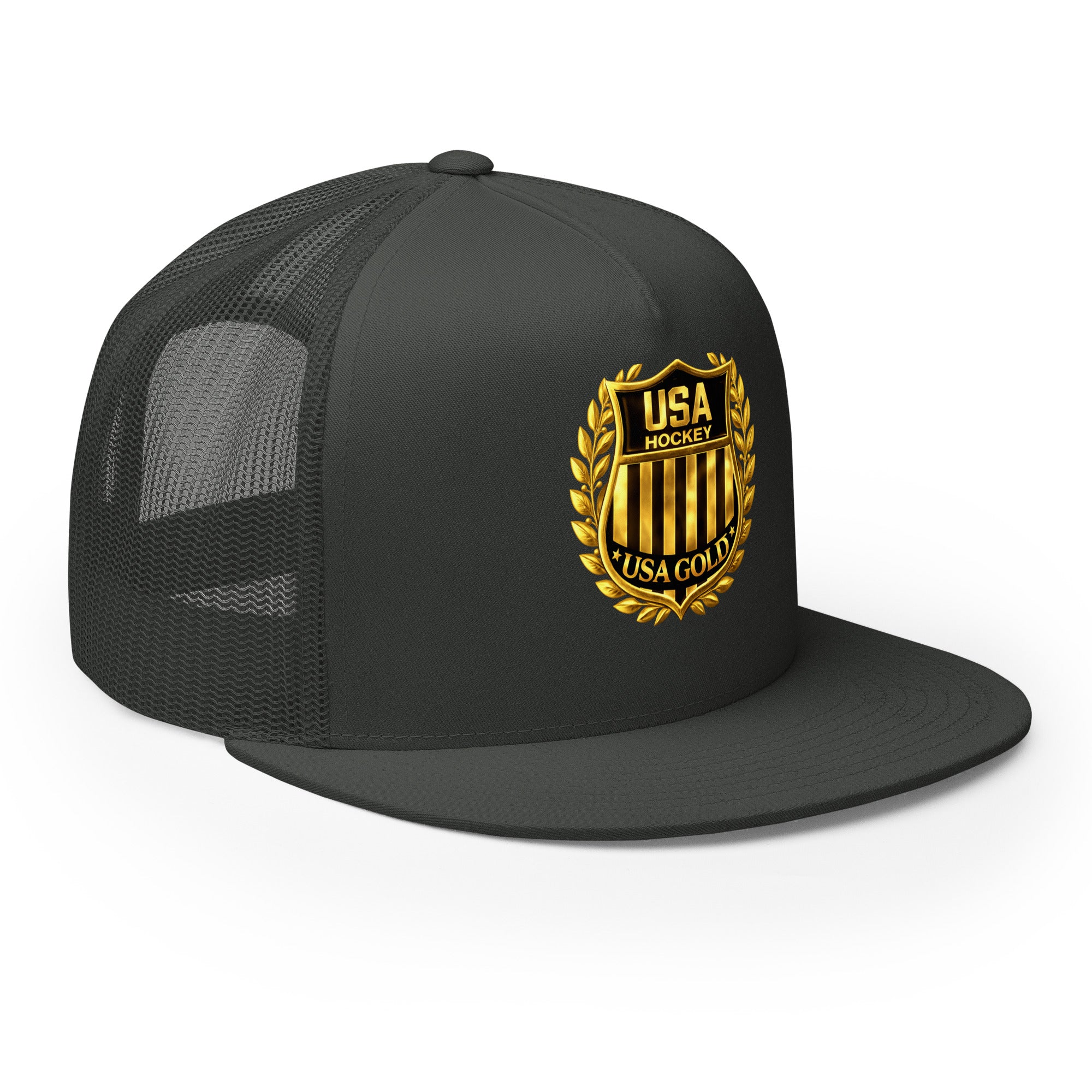 USA GOLDx2 trucker cap in Charcoal front view