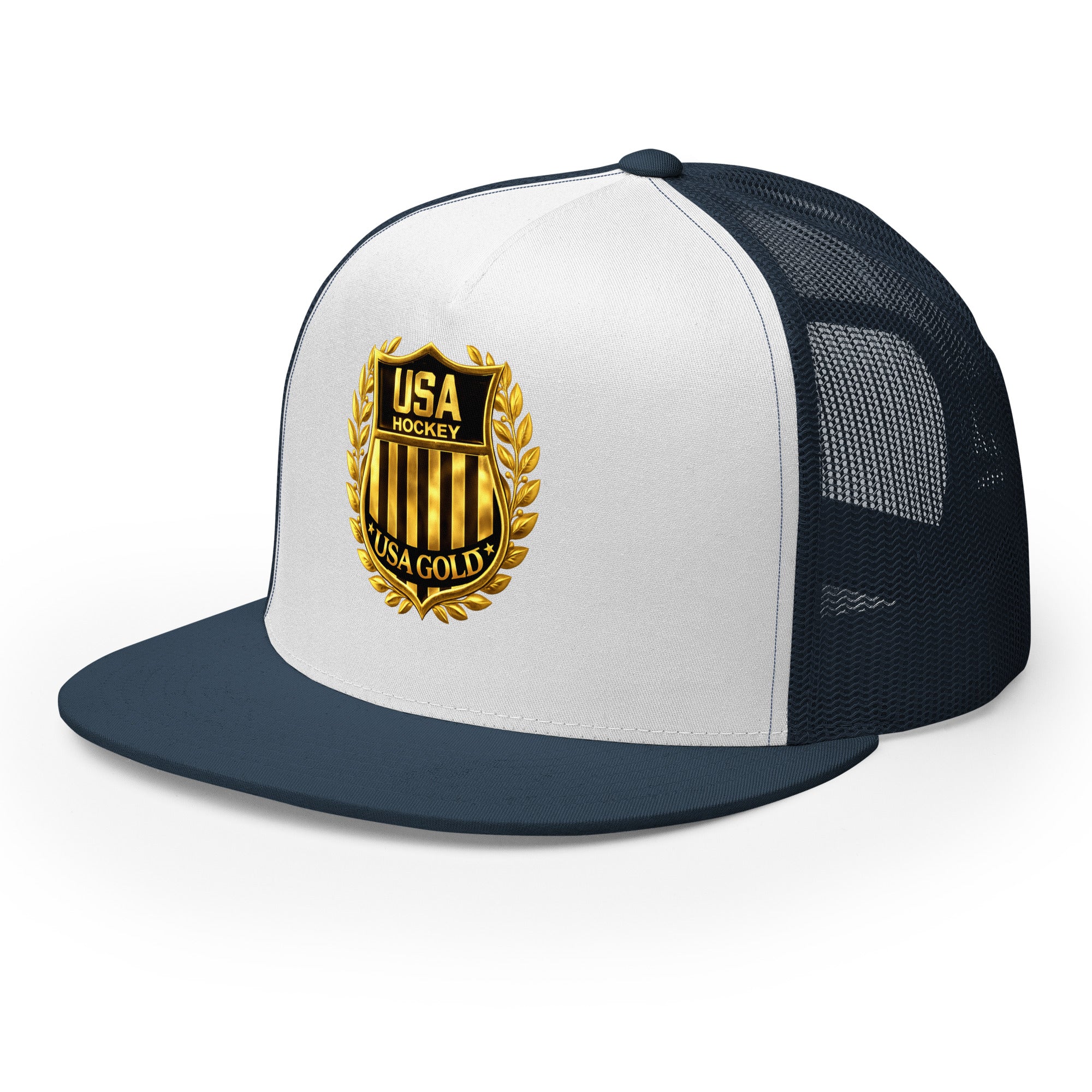 USA GOLDx2 trucker cap in White/Navy front view