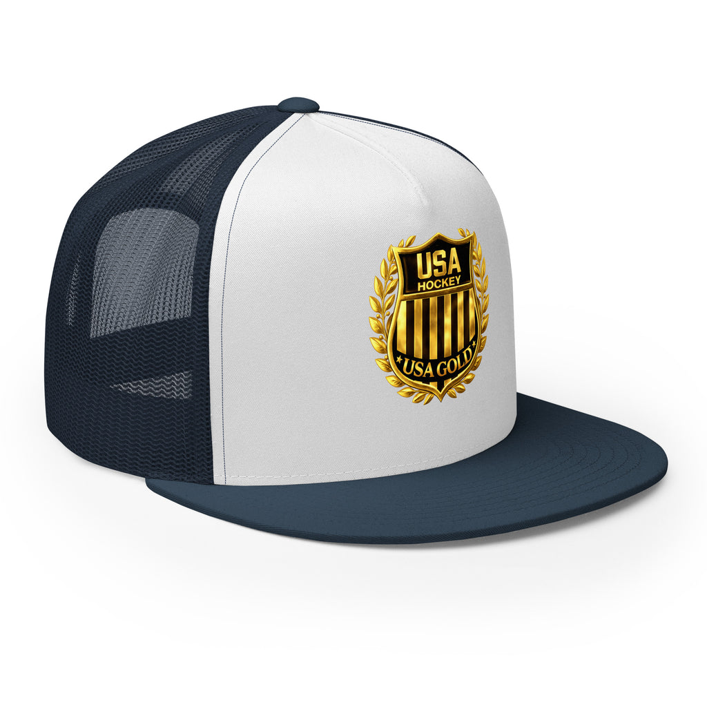 USA GOLDx2 trucker cap in White/Navy front view