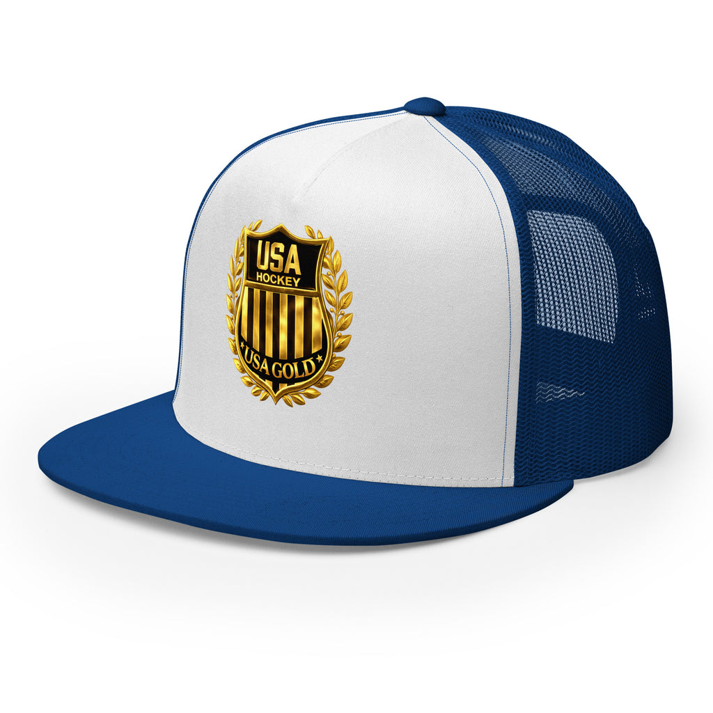 USA GOLDx2 trucker cap in White/Royal front view