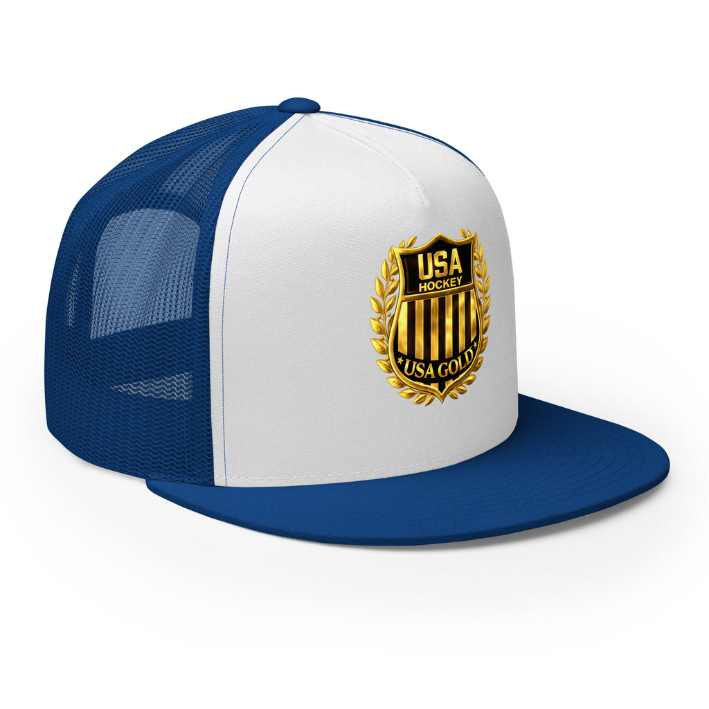 USA GOLDx2 trucker cap in White/Royal front view
