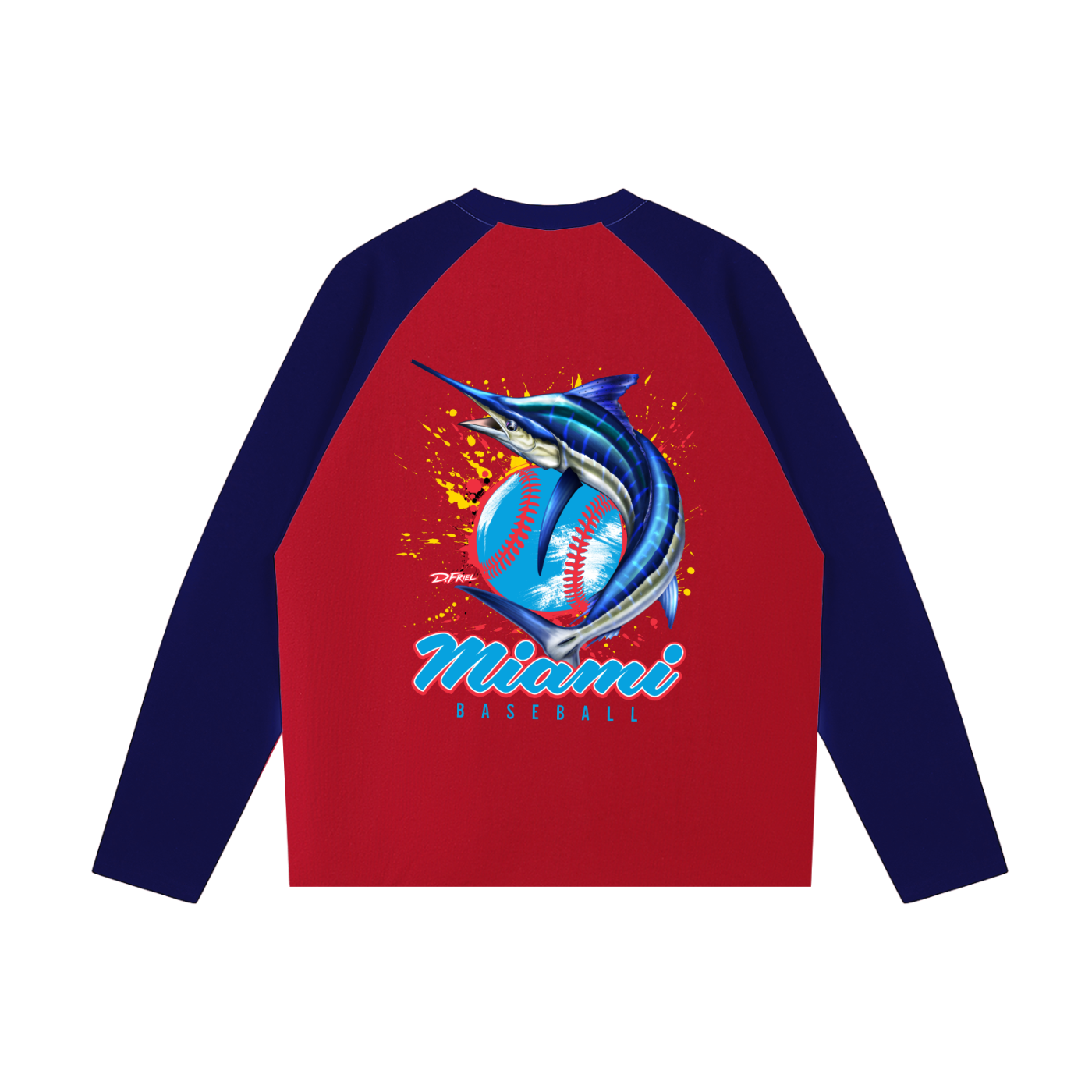 Miami Baseball x iTIXNOW 🎣⚾️ Raglan Long-Sleeve T-Shirt Designed By Dennis Friel