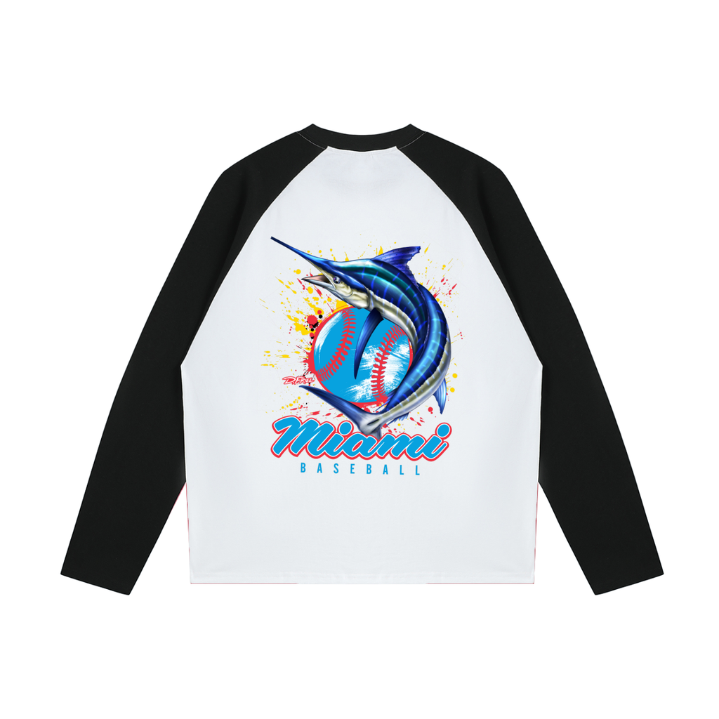 Miami Baseball x iTIXNOW 🎣⚾️ Raglan Long-Sleeve T-Shirt Designed By Dennis Friel